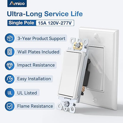 Amico 50 Pack Single Pole Light Switch with Wall Plate, UL Listed, 15A 120/277V, On/Off Rocker Paddle Interrupter Wall Switch, Grounding Screw, Residential Grade, Suitable for Home and Business, White