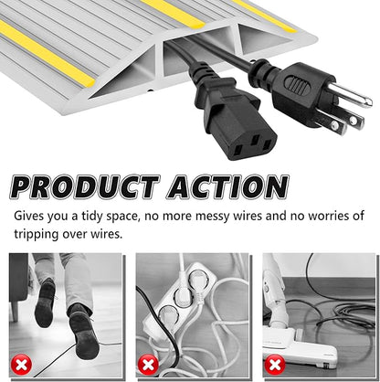 10Ft Cord Covers for Wires on Floor, 3-Channel Floor Cord Cover with Anti-Slip Base & Yellow Warning Strips, Extension Cord Covers for Floor, Ideal for Home, Office, Outdoor Use