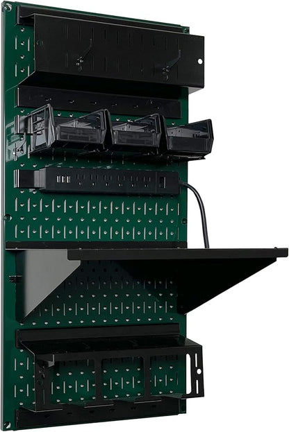 Wall Control Power Tool Storage Organizer Kit Cordless Drill Holder Charging Station Rack 16” x 32” Metal Pegboard Organization System (Green Pegboard)