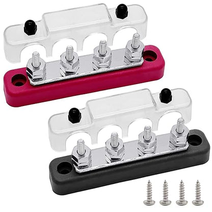 4 x #10 (M5) Studs Bus Bar, Ampper 4.2" Power/Ground Distribution Block Brass Battery BusBar Junction with Cover for Auto Boat Amplifier and More (Red & Black)