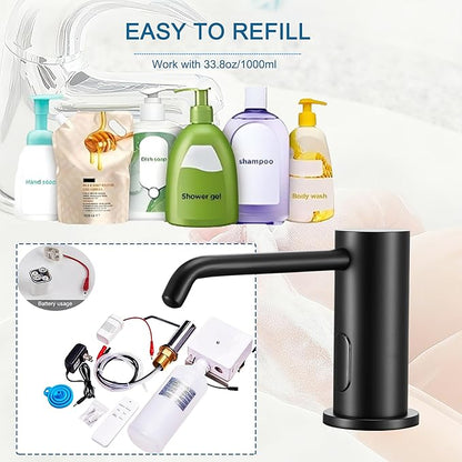 Automatic Soap Dispenser Touchless for Kitchen Bathroom Sink Built in Electric Soap Dispenser Infrared Sensors Liquid Commercial Dispenser with Bottle and Pump 33.81oz/1000ml (Black)