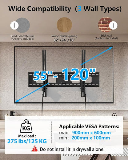 FORGING MOUNT Heavy Duty Tilting TV Wall Mount for Large TVs 55-120 Inch, Tool-Free Tilt Low Profile TV Mount,3-Stud Wall Mount Universal Bracket,VESA 900x600, Holds 275lbs, Fits 16/18/24/32" Studs