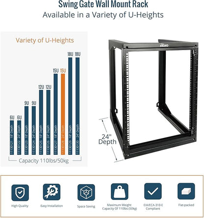 Tecmojo 15U Wall Mount Server Rack, Open Frame Network Rack for 19" Computer/AV/Data/IT/Media Equipment, 24" Depth, 16" Apart Mounting Holes, Swing Gate, Square and Tapped Holes