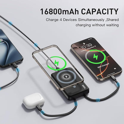 2026 Magnetic Wireless Power Bank, 16800mAh Portable Charger with 2 Built in Cables, LED Display Magnetic Battery Pack Travel Essentials for iPhone 17/16/15/14/13/12/Pro/Mini/Pro Max Andriod-White