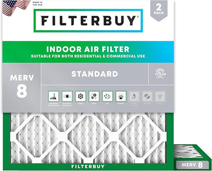 Filterbuy 23x23x1 Air Filter MERV 8 Essential Dust & Allergy Defense (2-Pack), Electrostatic Pleated HVAC AC Furnace Filters Replacement, Made in USA (Actual Size: 22.50 x 22.50 x 0.75)