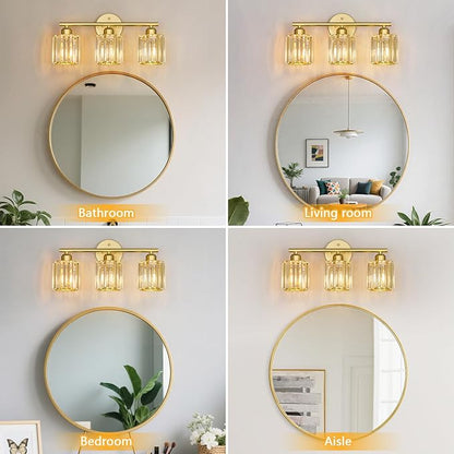 FDPBY Modern 3 Light Crystal Vanity Light, Gold Vertical Bathroom Light Fixture Over Mirror for Dressing Table Sink, Compatible with Dimmable Bulbs (Bulbs Not Included)