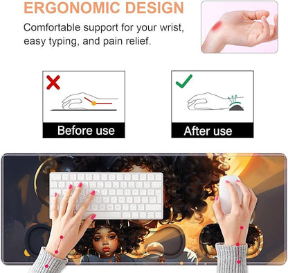 Ergonomic Keyboard Wrist Rest & Mouse Pad Wrist Rest Set, Large XXL Gaming Desk Mat 31.5"x 11.8" with Non-Slip Base, Memory Foam, Easy Typing Pain Relief for Home & Office - African American Girl