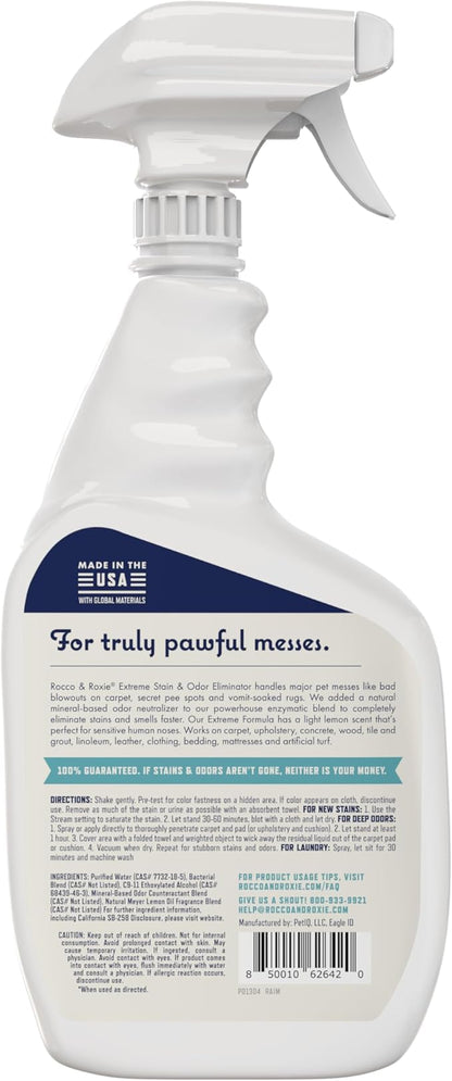 Rocco & Roxie Extreme Stain & Odor Eliminator for Strong Odor, Pet Urine Enzyme Cleaner Destroyer, Stain Remover, Dog Poop and Cat Pee, Enzymatic Carpet Cleaner Spray for Home, Puppy Potty Training