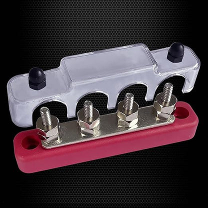 4 x #10 (M5) Studs Bus Bar, Ampper 4.2" Power Distribution Block Brass Battery BusBar Junction with Cover for Auto Boat Amplifier and More (Red)