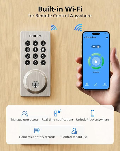 Philips Wi-Fi Smart Door Lock, Keyless Entry Door Lock with App Control,Fingerprint ID,Auto Lock,Keypad Deadbolt with Wi-Fi Bridge Adaptor,Smart Locks for Front Door-Matte Black