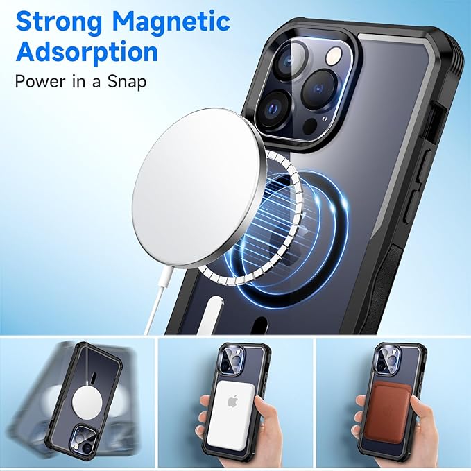 seacosmo for iPhone 15 Pro Max Case, Full Body Bumper with Built-in 9H Tempered Glass Privacy Screen and Camera Lens Protector, Compatible with MagSafe, Shockproof 15 Pro Max Phone Case, 6.7", Black