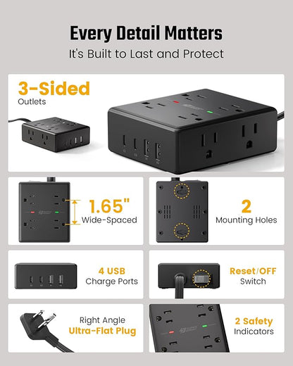 6Ft Extension Cord with Multiple Outlets, Flat Plug Power Strip Surge Protector, 8 Outlet 4 USB Ports (2 USB C), Wall Mountable, Desk Charging Station for Home Office, College Dorm Room Essentials