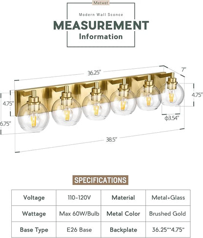 METWET Bathroom Light Fixtures, 6 Light Brushed Gold Vanity Light, 38 Inch Modern Wall Sconces with Globe Clear Glass Shade, Vanity Lighting Fixtures Over Mirror, VL195-BG-6