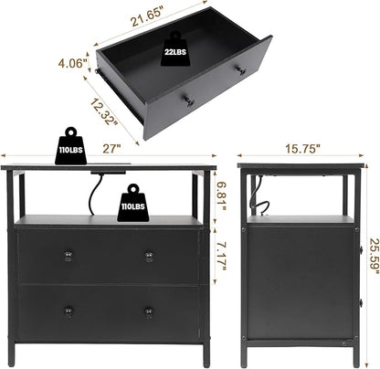 Edbuosy 27 inch Wide Night Stand with Charging Station, Bedside Table with Open Shelf, 2 Drawers Small Wood Dresser, Modern Wood Nightstand for Bedroom/Living Room (Black)
