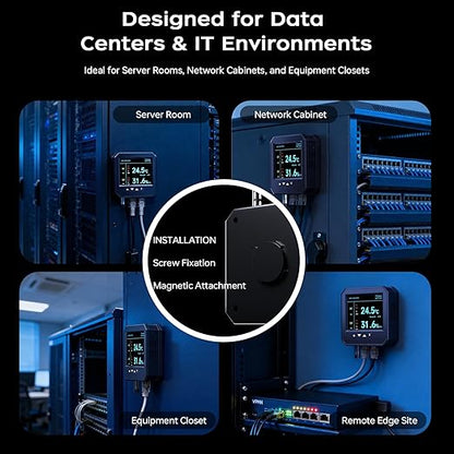 Ethernet Server Room Temperature Monitor, PoE Server Rack Temperature Humidity Sensor with Web Interface, SNMP Modbus MQTT Support, Dual Power, IP55, Data Logging, Alarm & Relay Output
