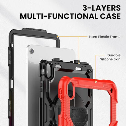 timecity for iPad (A16) 11th/ 10th Generation Case 11''/ 10.9 Inch (2025/2022) - Heavy Duty Protective Cover with Screen Protector, Stand, Shoulder Strap & Pencil Holder | Kids-Friendly - Red