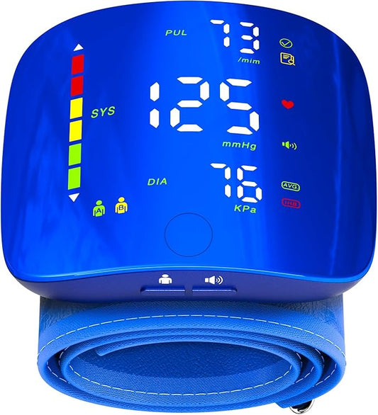 Wrist Blood Pressure Monitor, Rechargeable Blood Pressure Cuff with Large LED Screen - 2 * 99 Sets of Memory, One-Button Turn On/Off Voice & Switch User