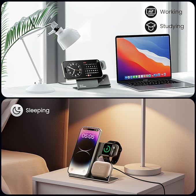 3 in 1 Aluminum Alloy Magnetic Wireless Charging Station Compatible with iPhone 16/15/14/13/12 Series, ESSAGER 15W Wireless Charger Office Bedroom Table for Airpods 4/3/2/Pro, iWatch with 20W Adapter