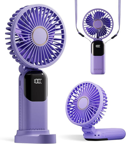 GOCKERA Portable Fan, 4200mAh Battery Operated Fan, 5 Speeds&Digital Display, Makeup Fans for Women with Base, 180°Foldable 3in1 Handheld/Neck/Desk Fan for Outdoor Indoor,Ultra Quiet (Purple)
