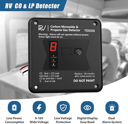 RV Carbon Monoxide & Propane Detectors, Replacement for RV Carbon Monoxide Detector #31011, TIDOOS 2 in 1 Dual CO/LP Alarm with Digital Display, Hardwired - VDC 12V, Flush Mount, Black