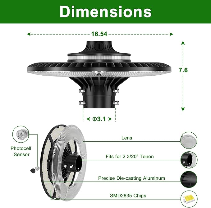 150W LED Post Top Light with Photocell, 21000 lumens 5000K Circular Area Pole Lights, IP65 Waterproof Outdoor Post Light Fixtures for Garden Yard Street Parking Lot Lighting UL Listed, AC100-277V