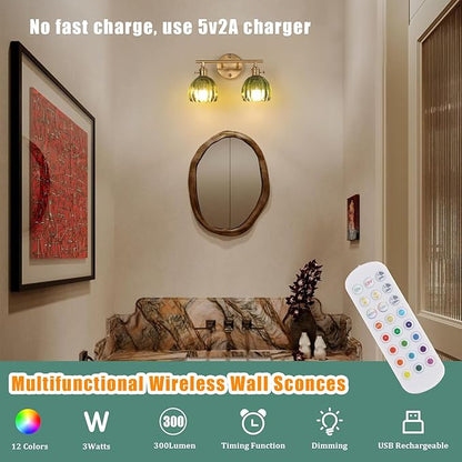 Shenmoyl Battery Operated Bathroom Light Fixtures, 2-Light Brass Vanity Wall Light with 5000mAh Rechargeable Bulb Over Mirror with Green Tulip Glass Shade for Bedroom Living Room