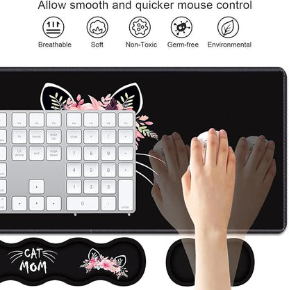 4 in 1 Ergonomic Keyboard Wrist Rest & Mouse Pad Wrist Rest Set, Large XXL Gaming Desk Mat 31.5"x 11.8" with Non-Slip Base, Memory Foam for Home Office Study Gaming, Cat Mom Floral
