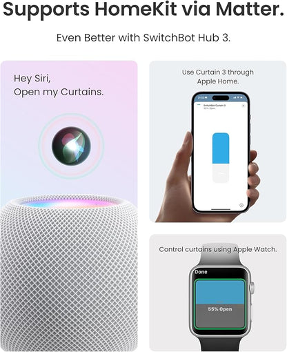 SwitchBot 2025 Automatic Curtain Opener 3 Rod- with Remote, WiFi&Smartphone Control, Upgraded High-Performance, Add Hub to Compatible with Alexa, Google Home, HomeKit (2025 Curtain Opener)