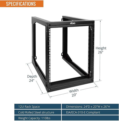 Tecmojo 12U Wall Mount Server Rack, Open Frame Network Rack for 19" Computer/AV/Data/IT/Media Equipment, 24" Depth, 16" Apart Mounting Holes, Swing Gate, Square and Tapped Holes