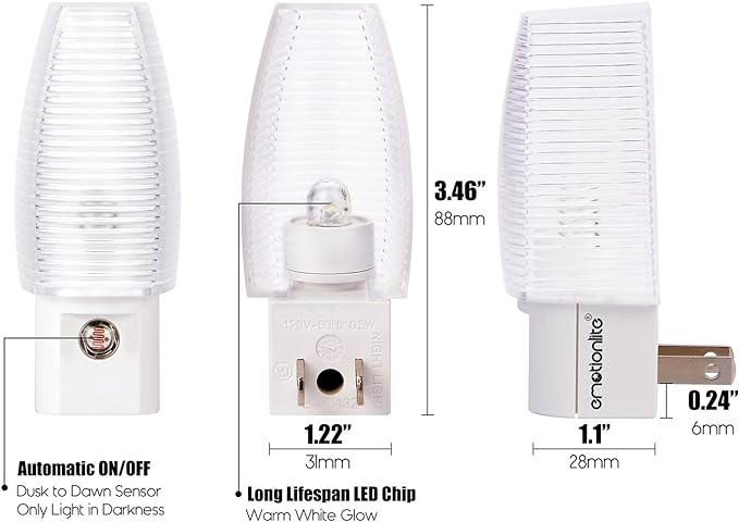 Emotionlite 8 Pack Plug in Night Light, Warm White LED Nightlight, Dusk to Dawn Sensor, Kids, Nursery, Bedroom, Bathroom,Hallway, Stairs, Kitchen