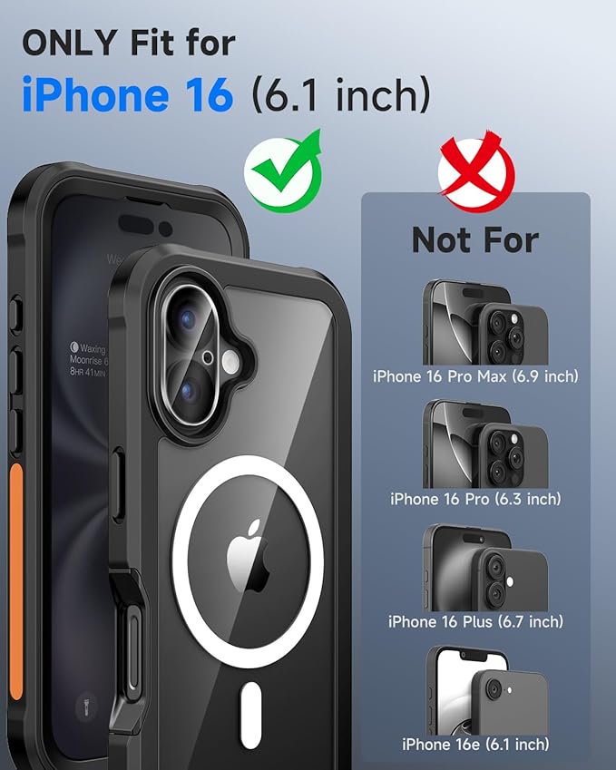 seacosmo for iPhone 16 Case, Full Body Bumper with Built-in 9H Tempered Glass Privacy Screen Protector and Camera Lens Protector, Compatible with MagSafe, Shockproof Phone Cover, 6.1", Black