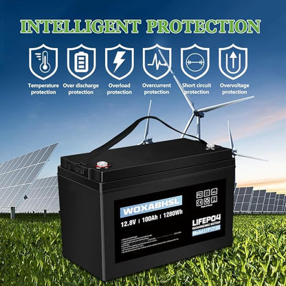 WOXABHSL 4 PCS 12V 100AH Lifepo4 Lithium Battery Up to 15000+ Deep Cycles, Buit in 100A BMS Perfect for Trolling Motors, Boat, Marine, Rv, Solar