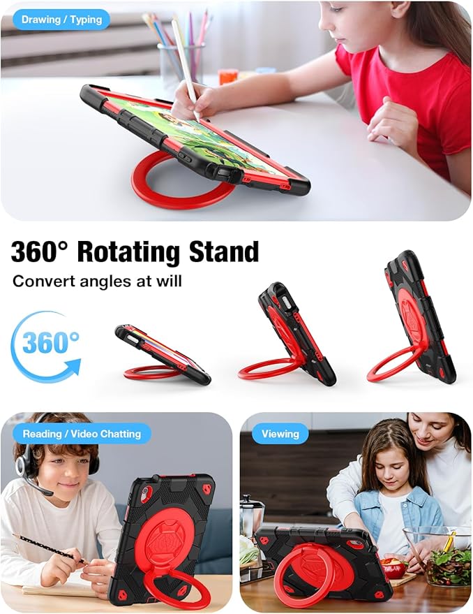 SCSVPN for iPad (A16) 11th/10th Generation Case 11 inch 2025/10.9 inch 2022, Rugged Shockproof Protective Silicone Case for Kids with Pencil Holder, Rotate Stand & Handle, Shoulder Strap - Black/Red