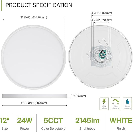 ASD LED 12" Round Flush Mount Ceiling Light Fixture, Low Profile Surface Lighting | 5CCT, Dimmable, Ultra-Thin, ETL Listed | 24W 1900LM 2700-6000K 120V | Kitchen, Bedroom, Hallway Lamp | White
