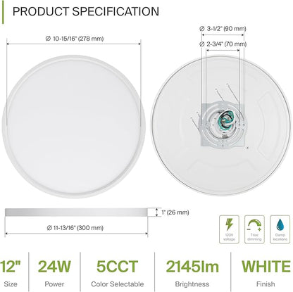 ASD LED 12" Round Flush Mount Ceiling Light Fixture, Low Profile Surface Lighting | 5CCT, Dimmable, Ultra-Thin, ETL Listed | 24W 1900LM 2700-6000K 120V | Kitchen, Bedroom, Hallway Lamp | White, 4 Pack