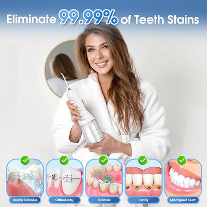 Water Flosser, Rechargeable 300ML IPX7 Waterproof Cordless Portable Oral Irrigator with 4 Modes & 6 Replaceable Jet Tips-Professional Flossing Cleaner for Daily Home Use,Travel,Gums,Braces Care-White