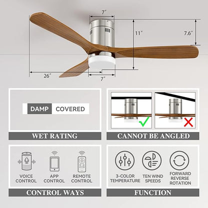 SMAAIR 52 Inch Flush Mount Ceiling Fan with Light, Low Profile Outdoor Ceiling Fan with Remote and Dimmable Light, 10 Speed DC Motor, Compatible with Alexa/Google Assistant/Siri Shortcuts (Wood)