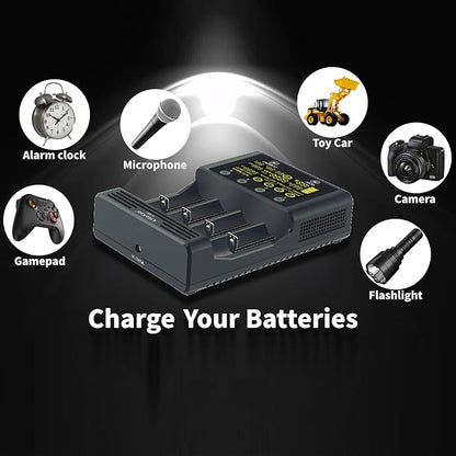 18650 Battery Charger, MIEKLALE 4-Bay 3A Fast Rechargeable Battery Charger with Smart LCD Display,Discharge & Testing Functions for Rechargeable Batteries Li-ion 16340 18650 26650 10440 14500