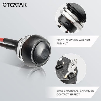 QTEATAK 1/2"(12mm) Pre-Wired Mounting Hole On/Off Mini Round Waterproof Momentary Push Button Switch JF-33B -2Pack