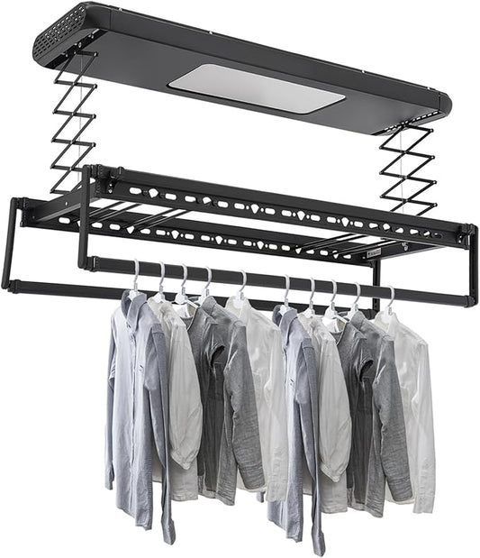 banborba Electric Retractable Airing Rack, Ceiling Mounted Clothes Drying Rack, Retractable Clothesline, Vertical Laundry Drying Rod with LED Light & Remote, 110V 24W, Black