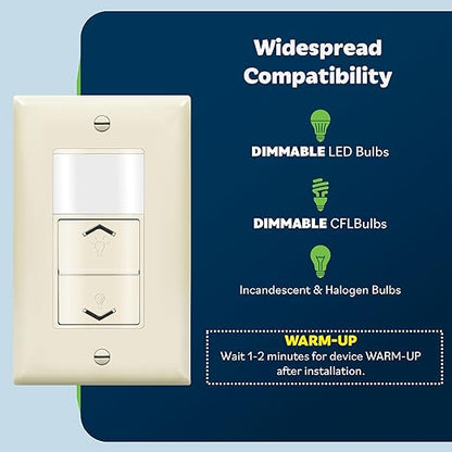 TOPGREENER Motion Sensor Light Switch Dimmer, Electronic Dimmer with PIR Motion Sensor, Occupancy & Vacancy Modes, 150W LED/CFL, Single-Pole, UL Listed, TDODS5-120-LA, Light Almond