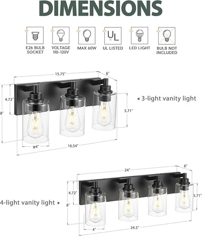 METWET 3-Light Bathroom Light Fixtures, Black Vanity Light with Cylinder Clear Glass Shade, Modern Vanity Lighting Fixtures Over Mirror, VL143-MB-3