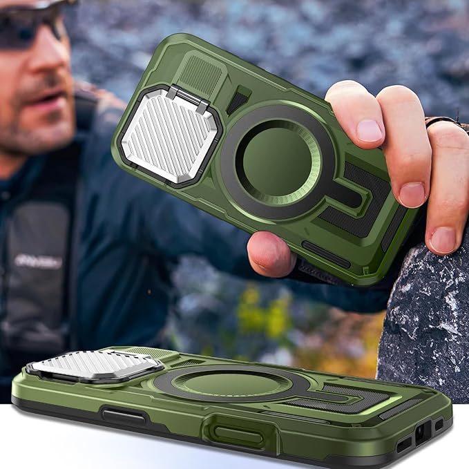 Camera Stand Case for iPhone 16 Pro, [Compatible with Mag Safe] [Lens Cover] 2024 Version Military Grade Protective Soft Case for iPhone 16 Pro 6.3 inch Men Women, Green