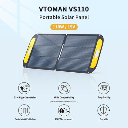 VTOMAN Jump 600X Portable Power Station with 110W Solar Panel, 600W/299Wh LiFePO4 Battery Solar Generator, 1200W AC Outlet, PD 60W USB-C, 3x Regulated 12V/10A DC for RV, Outdoor Camping, Home Backup