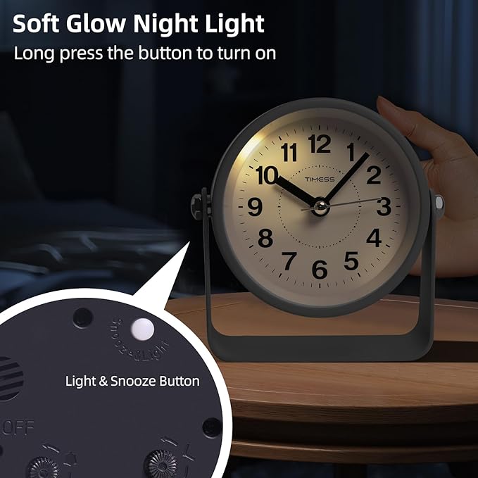 Analog Alarm Clock, Silent Non-Ticking Quartz Movement, Battery-Operated with Snooze & On-Demand Light, Easy to Set Gentle Wake Bedside Desk Clock, Ideal for Home, Travel, Office (Gray)