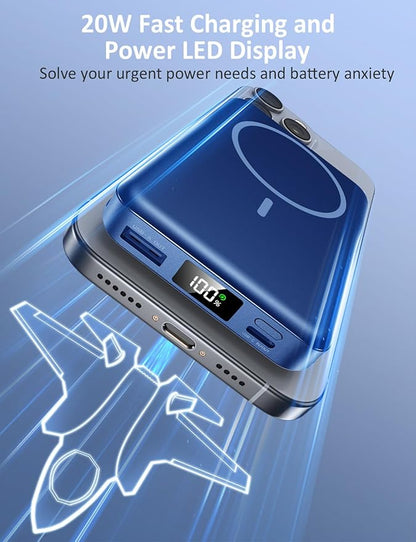 Magnetic Portable Charger, 10000mAh Power Bank, 5 in 1 Portable Charger with Built in Cable, 20W Fast Charging for Magsafe Battery Pack Compatible with iPhone 16/15/14/13 Pro/Pro Max, Samsung Series