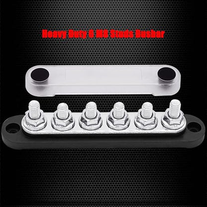 6 x M8 (5/16") Studs Power Distribution Block Bus Bar 12V, Ampper 5.9" HD 200A Marine BusBar Battery Distribution Block W/Cover for Car Boat Solar (Black)