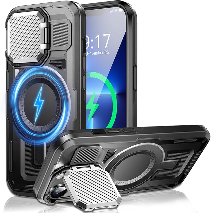 Camera Stand Case for iPhone 13 Pro Max, [Compatible with MagSafe] [Lens Cover] 2024 Version Military Grade Protective Soft Case for iPhone 13 Pro Max 6.7 inch Men Women, Black
