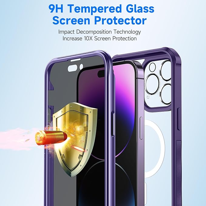 seacosmo for iPhone 14 Pro Max Case, Full Body Bumper with Built-in 9H Tempered Glass Privacy Screen Protector and Camera Lens Protector, Compatible with MagSafe, Shockproof Phone Cover, 6.7", Purple