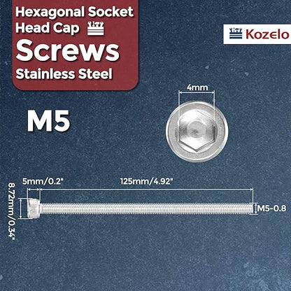 Kozelo 4pcs Socket Head Cap Screws - [M5-0.8 x 125mm] 304 Stainless Steel Allen Socket Drive for Electrical Motor 3D Printing Fan Engine Replacement Use, Silver